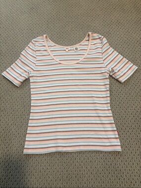 Levi’s 90s Style Ribbed Scoop Neck Striped Tee Shirt Pink White Blue